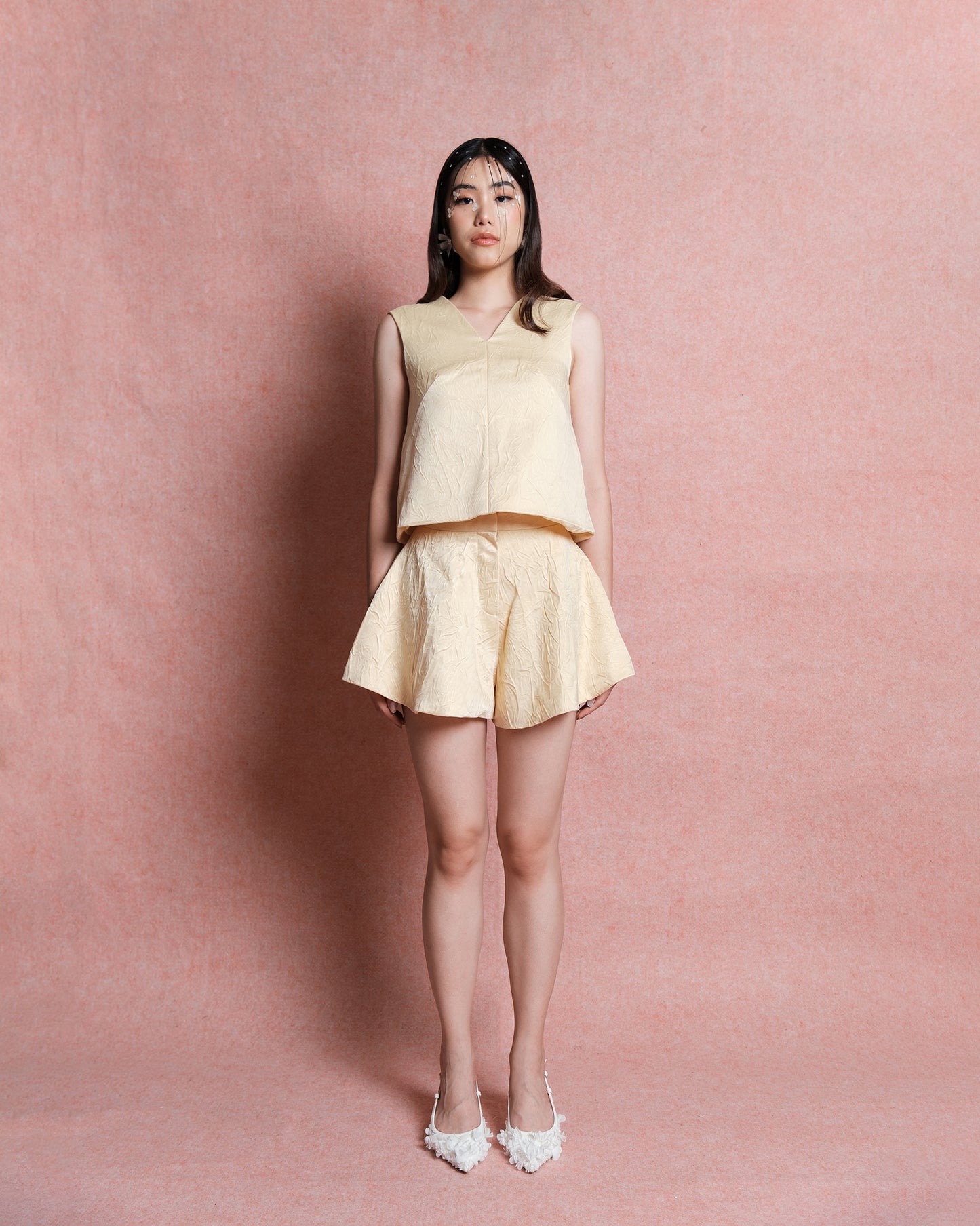 Fiorella Light Yellow Flared Shorts